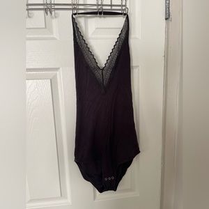 American Eagle Lace Trim Halter Backless Gray Bodysuit Size Medium